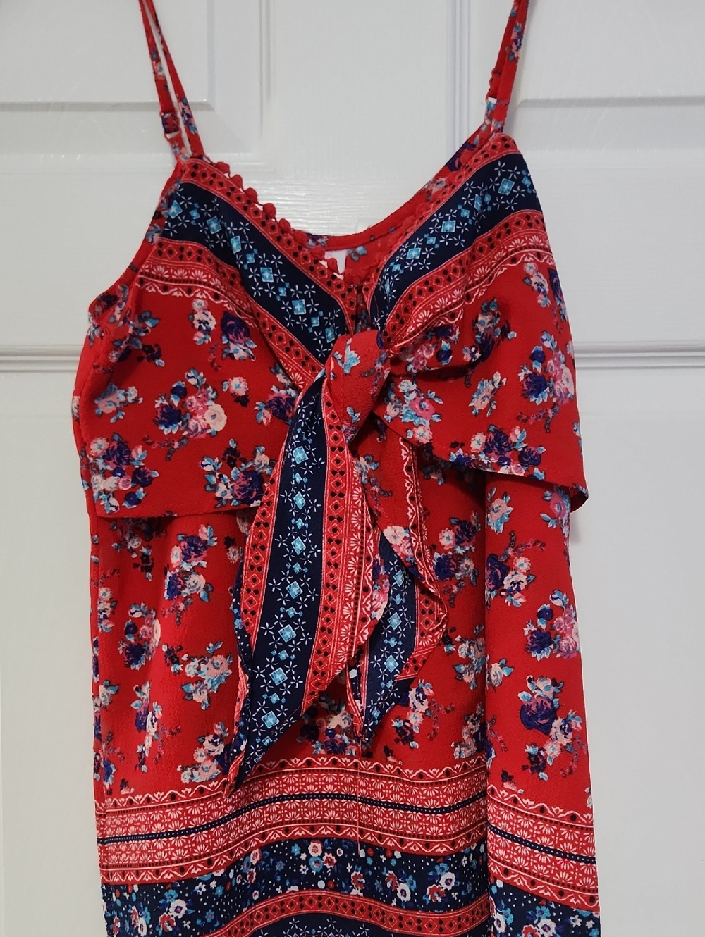 No Boundaries Red Floral Tie-Front Cami with Navy Trim